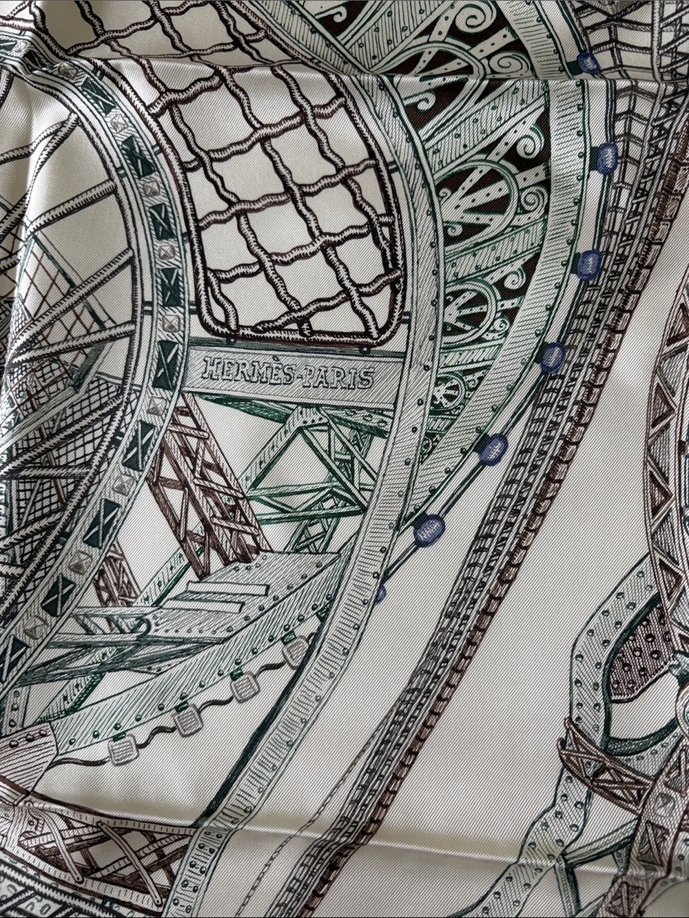 Hermes Ivory, Green & Brown Silk Scarf - Architectural Motif - Picture 3 of 11